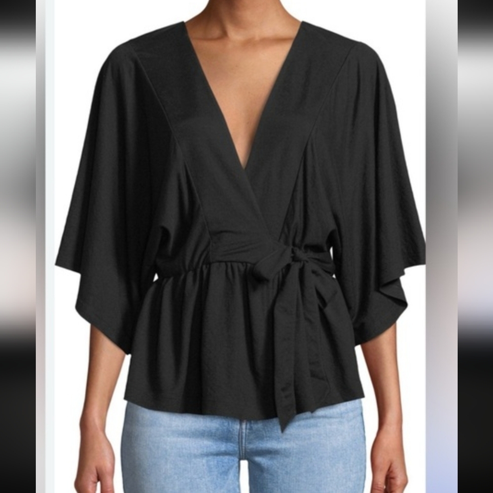 Club Monaco Jadyn Faux Wrap Kimono Wide Short Sleeved Vneck Viscose Top NWOT